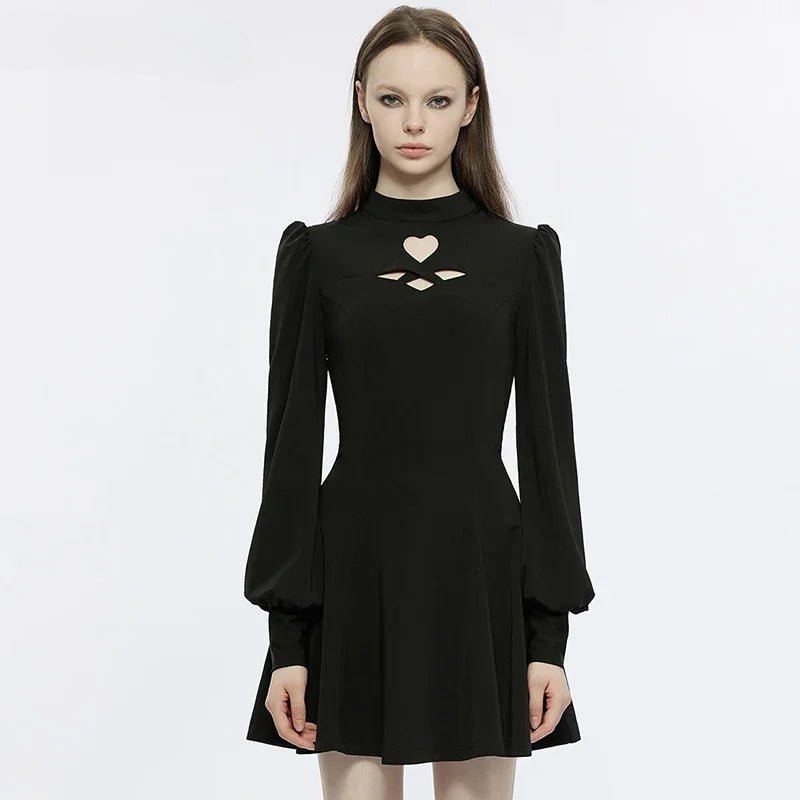 Heart-shaped Hollowing Puff Princess Sleeves Gothic Daily Party Club Sexy Black Gothic Dress