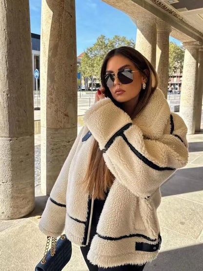 Streetwear White Turn Down Long Pocket Winter Chic Thick Coat