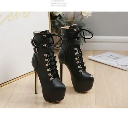 16cm Thin high heel modern metal buckles mid-calf round toes sexy High Heel