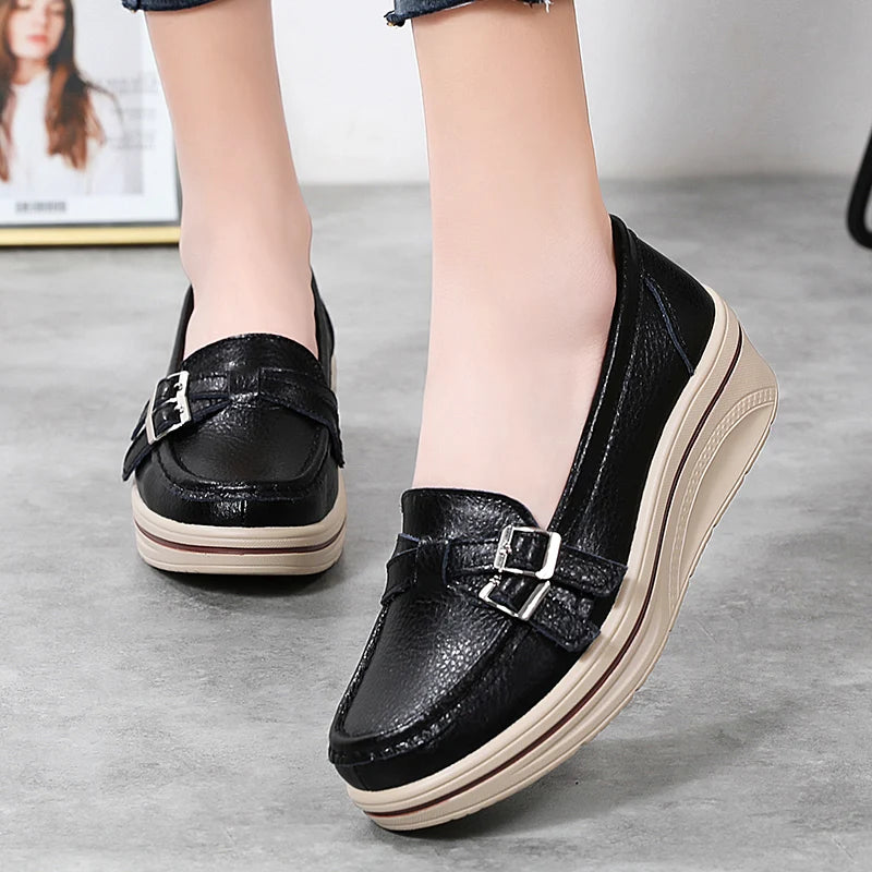 Leather Wedge Platform Orthopedic Slip On Casual Comfort Flats Loafers