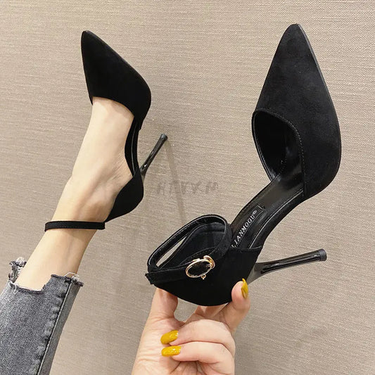 Black High-heeled Sandals Pointed Buckle All-Match Single High Heel