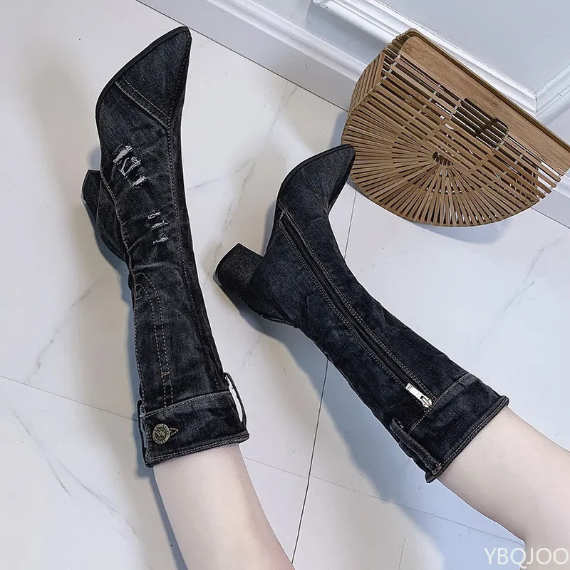 2024 Chunky Denim Block Heels Winter Fashion Cowboy Western Knee High Boots