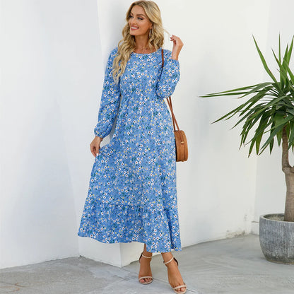 Sping Bohemian Women Maxi Casual Long Sleeve High Waist Chiffon Midi Dresses