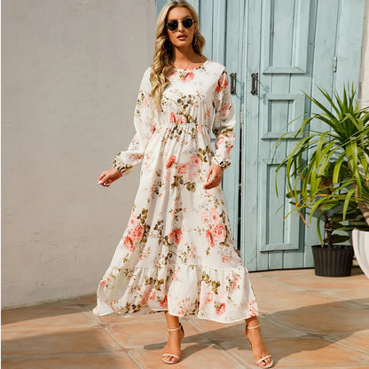 Sping Bohemian Women Maxi Casual Long Sleeve High Waist Chiffon Midi Dresses