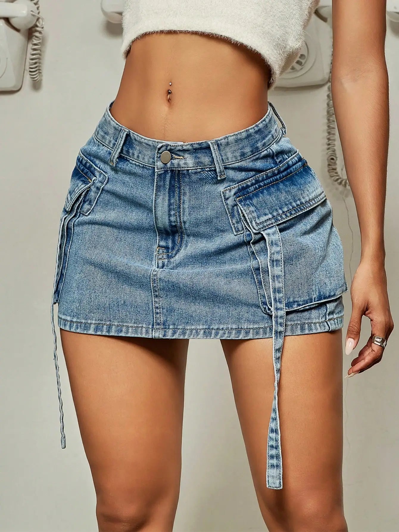 Trendy Street Tooling Style Flap Pocket Slim Workwear Denim Skirt