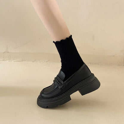 Black Fur Round Toe Platform British Style Autumn Casual Loafers