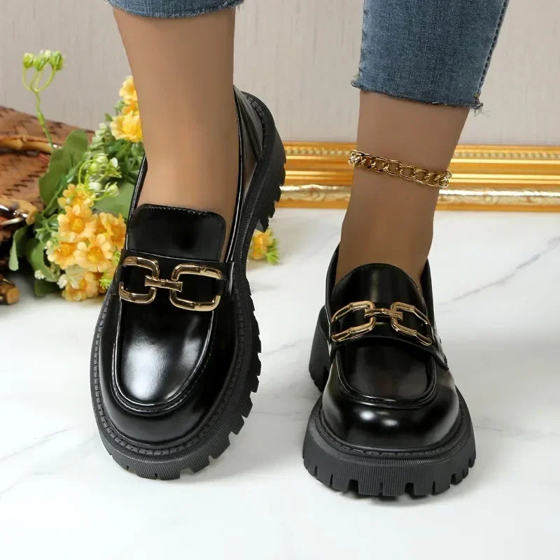 Metal Chain Buckle Platform Mary Janes Round Toe Black Loafers