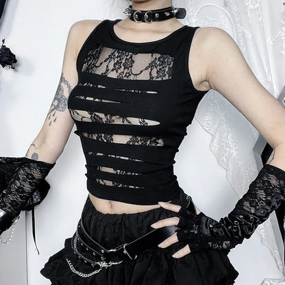 Mall Goth Hollow Out Streetwear Harajuku Mesh See Through Coquette Emo Crop Top