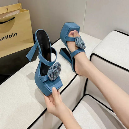 Fashionable 2024 Denim Blue Rhinestone Rose Flower  Peep Toe Gladiator High Heel