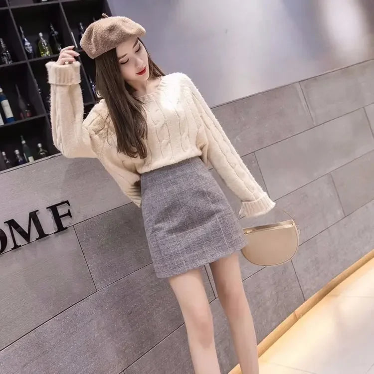 Korean Sexy High Waist Slim Plaid Wool A-step Mini Skirt