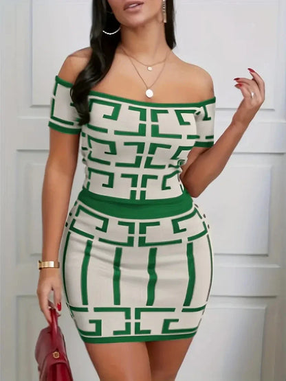 Sexy Geometric Print Two-piece Off Shoulder Top Slim Skirt