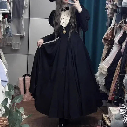 New Gothic Punk Dark Lolita Harajuku Vintage Black Long Bubble Sleeve Waist Cinched Autumn Winter Dress