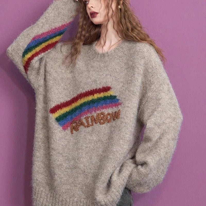 Winter Christmas Rainbow Khaki Warm Loose Pullover Sweater