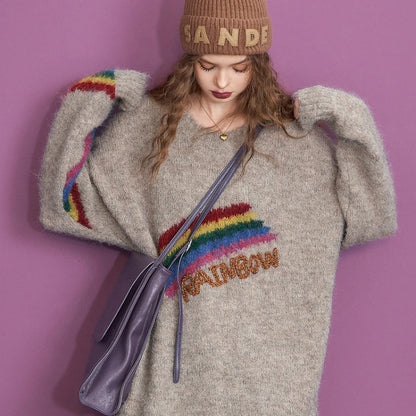 Winter Christmas Rainbow Khaki Warm Loose Pullover Sweater