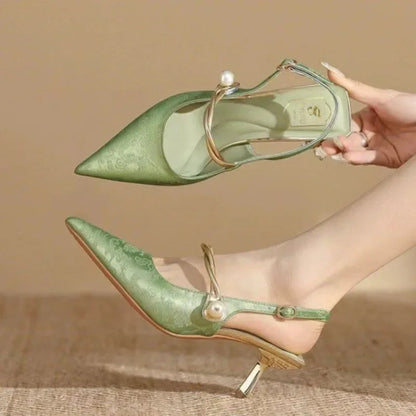 New Summer Fashion Pointed Toe Pearl Sexy High Banquet Women Low Heel Pumps