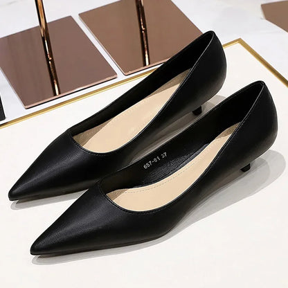 Spring 4cm Highs Concise Office Lady Soft Leather Thin Highs Fashion Pointed Toe Wedding Shoes Low Heel Pumps