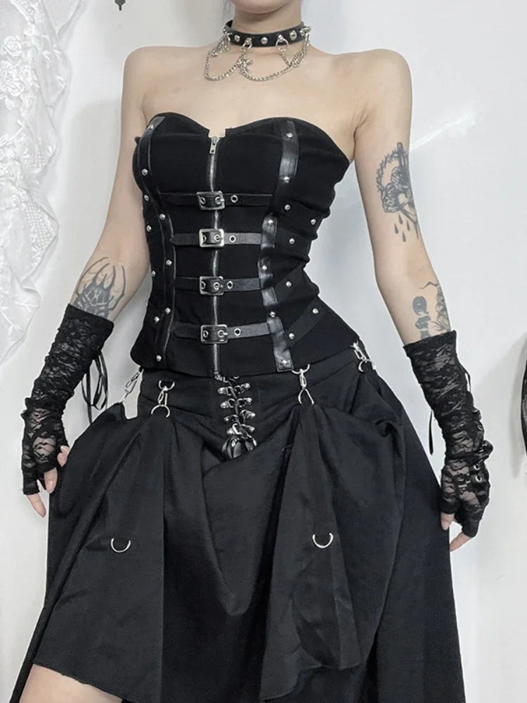 Y2K Sexy Corset Strapless Black Gothic Harajuku Punk Hip Hop Aesthetic Dance Crop Top