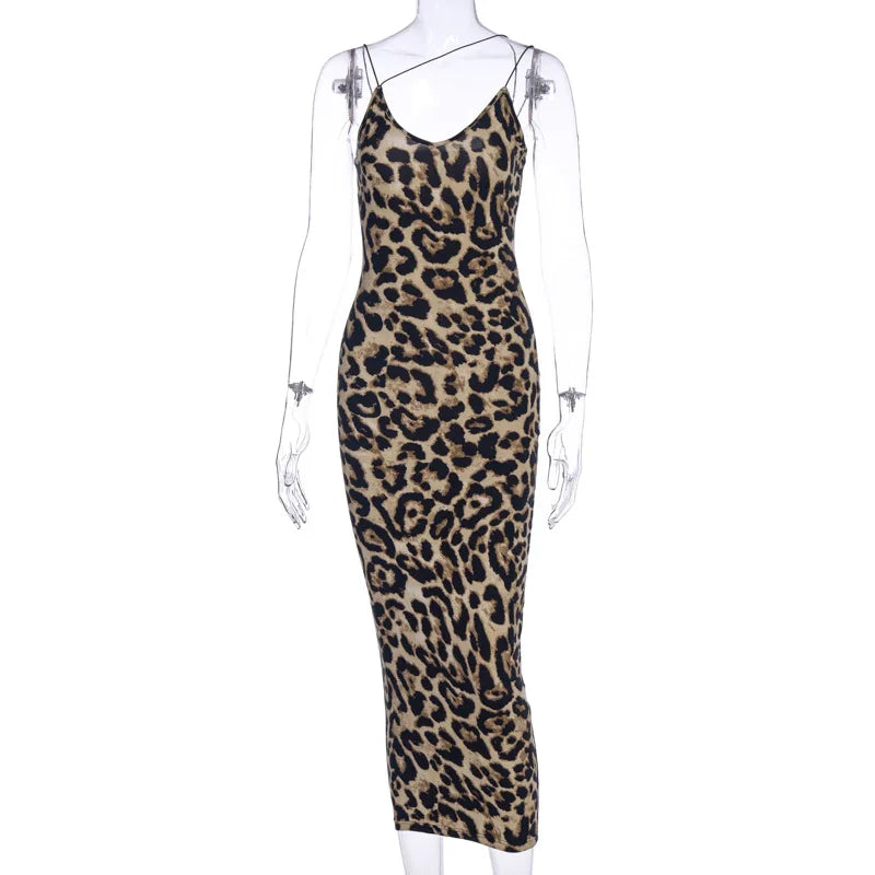 Leopard Print Sleeveless V-neck Sexy Spring Christmas Outfits Midi Dresses