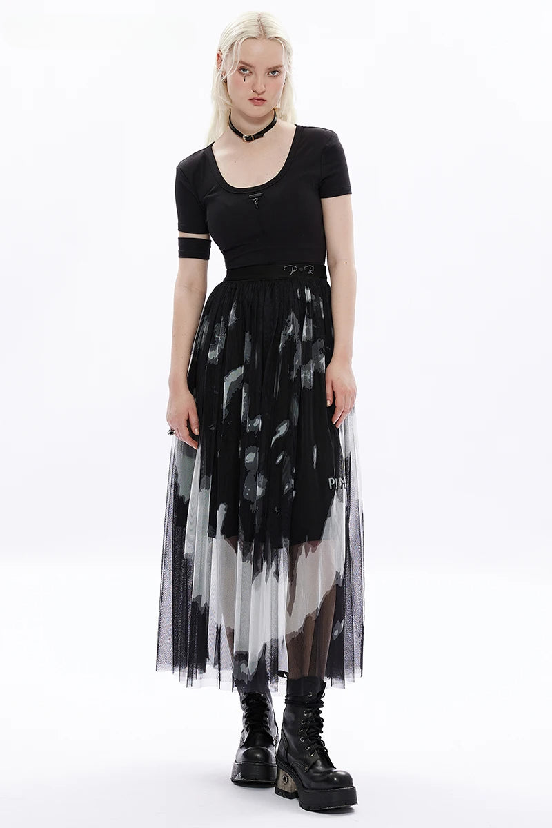 Women's Daily Tie Dyed Gauze Letter Embroidery Logo Rivet At Waist Fashion Girl Mid-length Skirt