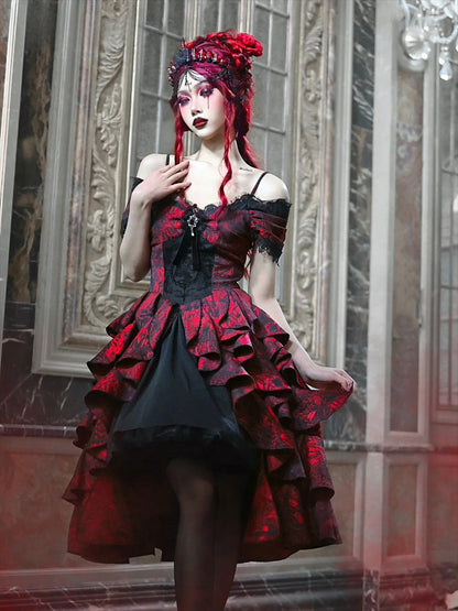 Japanese Gothic Style Red Black Halloween Off-Shoulder Court Wave Autumn Dark High-Waist Lolita Party Dress