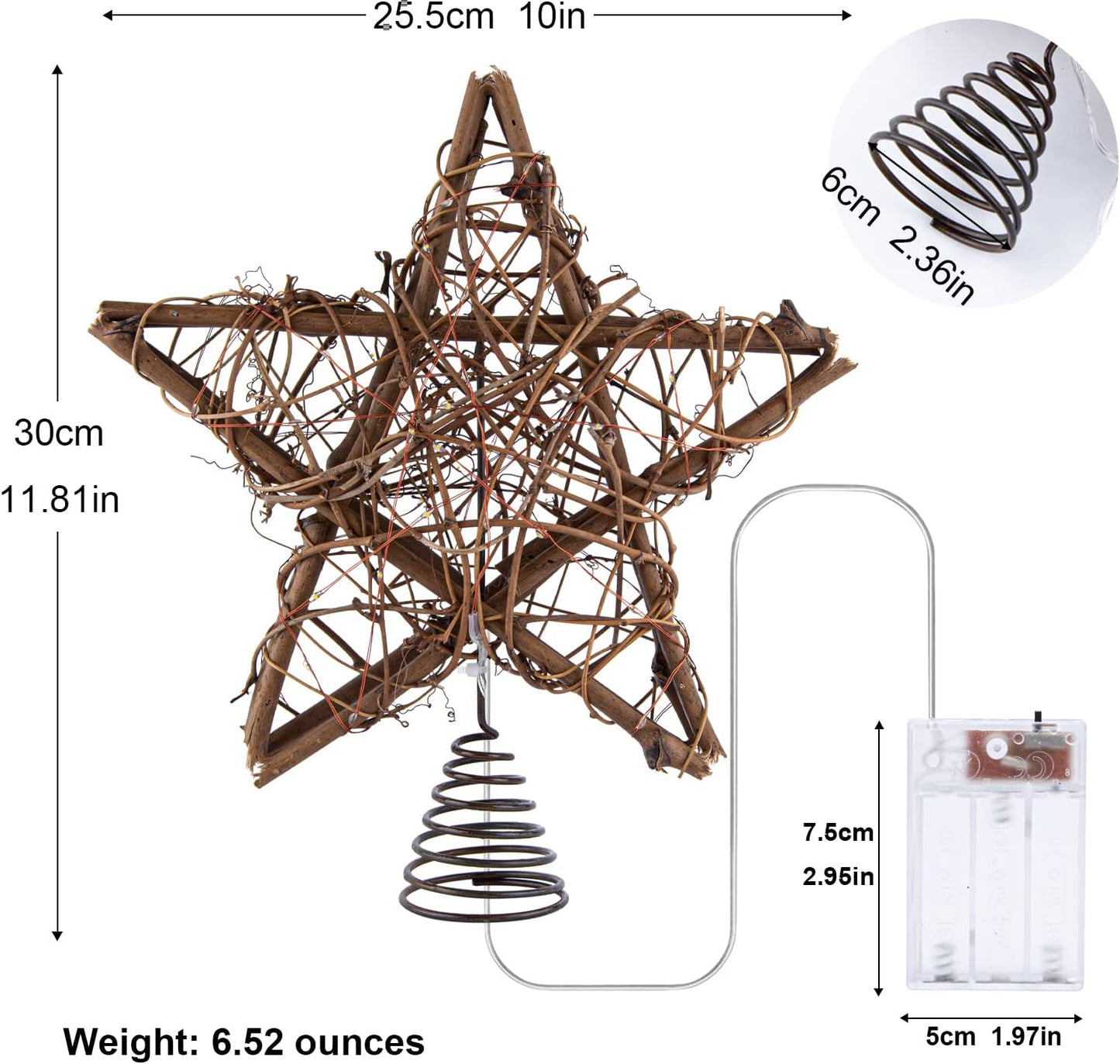 Rattan Star Christmas Tree Topper with Warm LED Lights - Indoor Christmas Decor