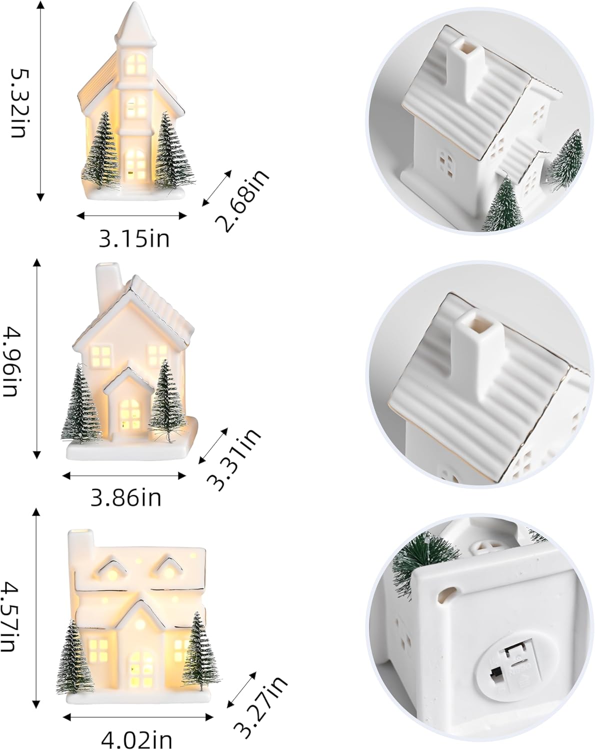 Ceramic White Christmas Village Houses with LED Lights and Trees - Set of 3