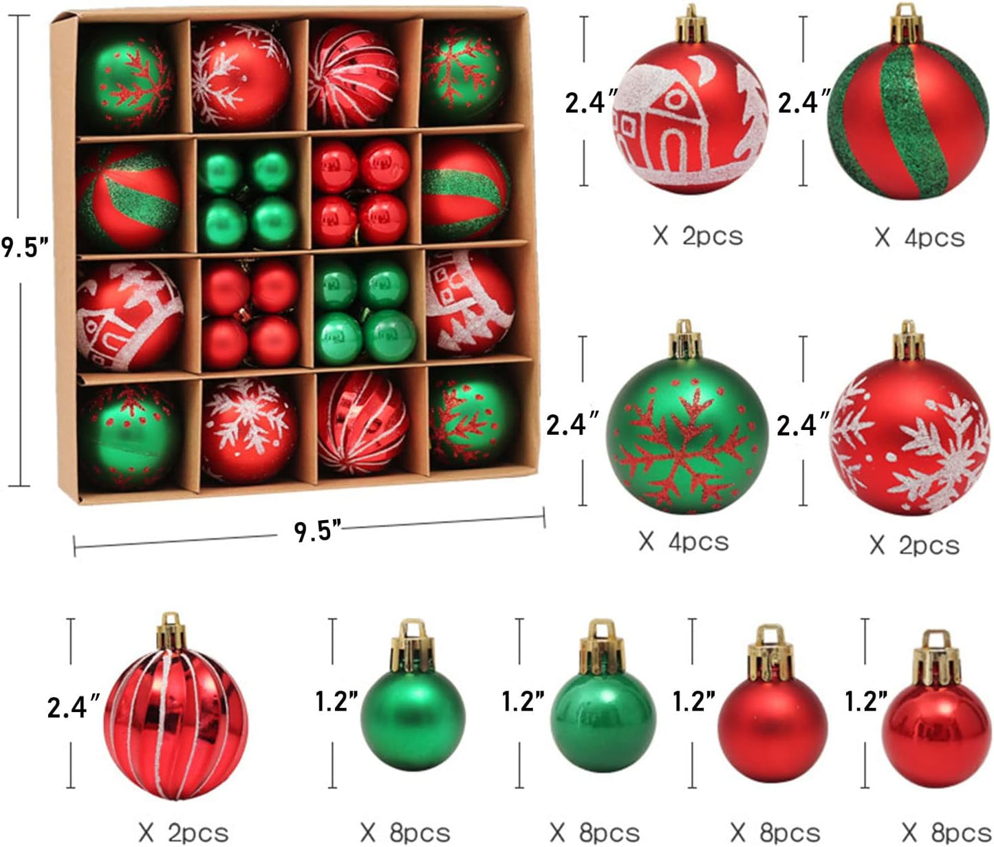 Red Green Christmas Tree Ball Ornaments Pendants - Set of 44, 2.4" Shatterproof Shine Decoration for Holiday Tree