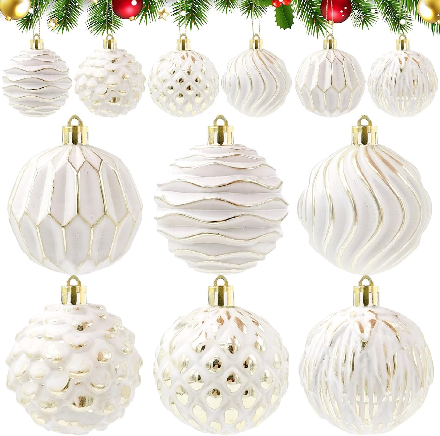 Vintage Farmhouse Christmas Tree Ornaments - White and Gold Distressed Hanging Balls