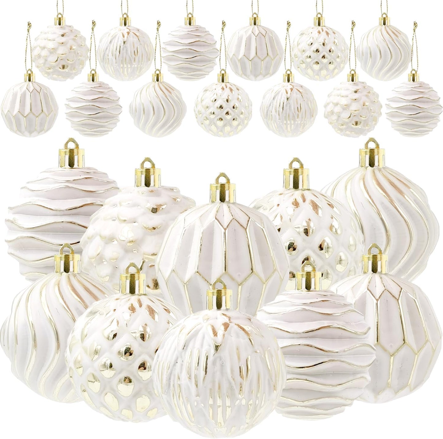 Vintage Farmhouse Christmas Tree Ornaments - White and Gold Distressed Hanging Balls