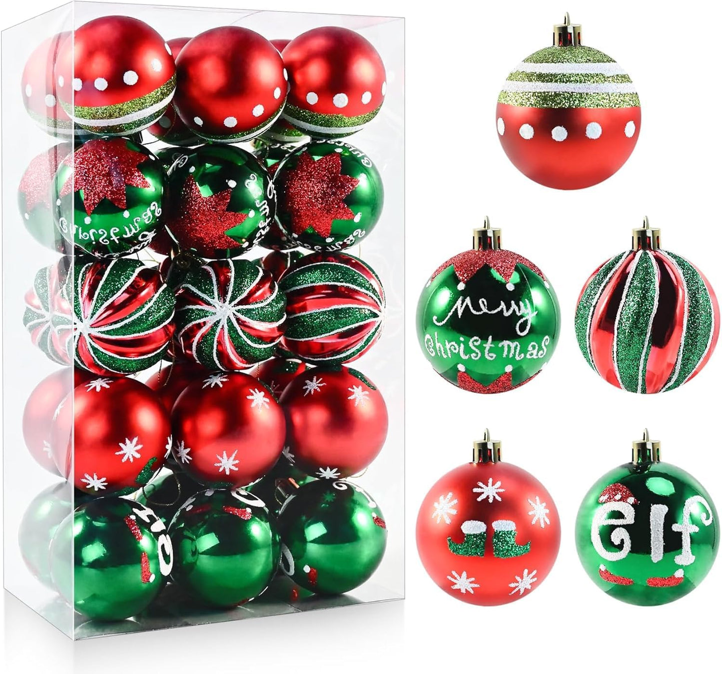 Shatterproof Christmas Ornaments - Red Green White - 16PCS - 2.36" - Xmas Tree Decoration