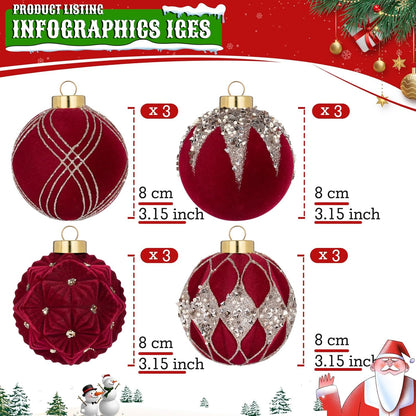 Flocked Red Christmas Ball Ornaments - 12-Pack, 80mm/3.15 in