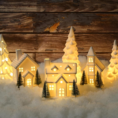 Ceramic White Christmas Village Houses with LED Lights and Trees - Set of 3