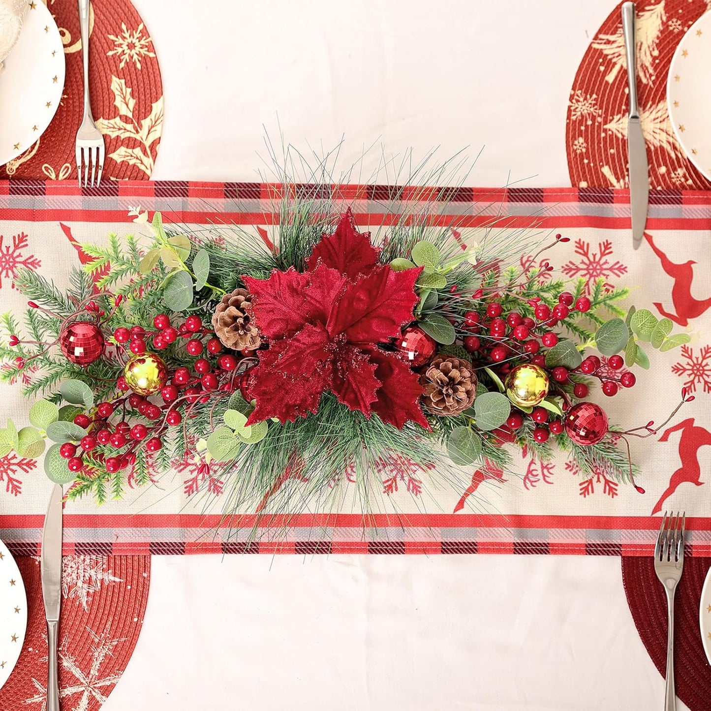 Xmas Greenery Swag with Red Berries, Pine Cones, and Poinsettias Flower for Front Door