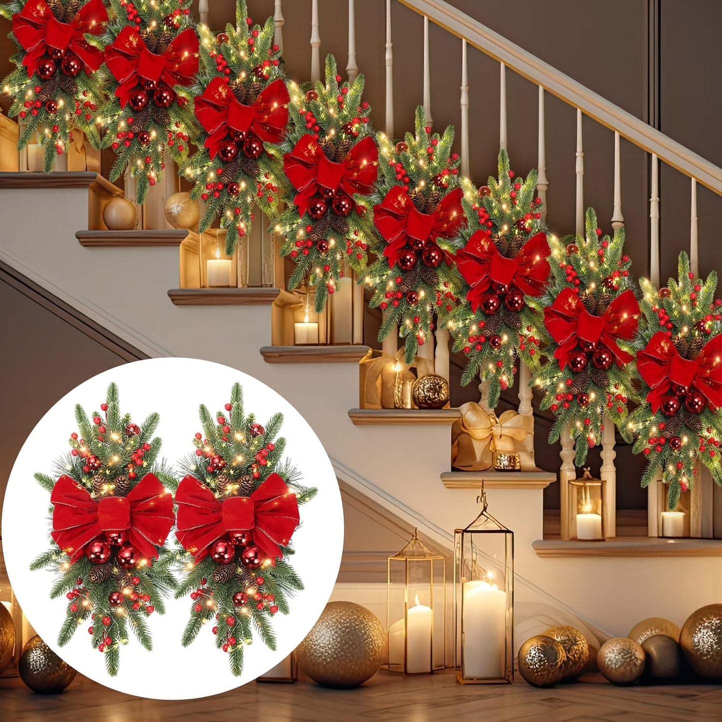 24" Christmas Artificial Swag with Cordless Prelit Teardrop Trim - for Stairway, Door, or Garland