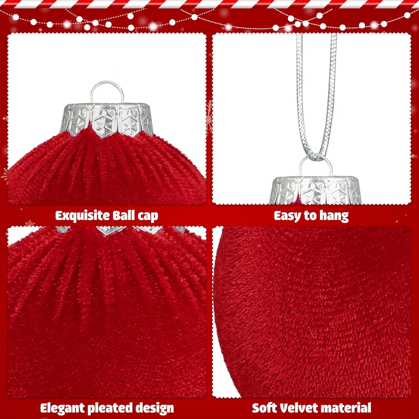 Red Velvet Christmas Ball Ornament Set - Flocked Hanging Balls for Tree - Shatterproof Plastic Holiday Decor