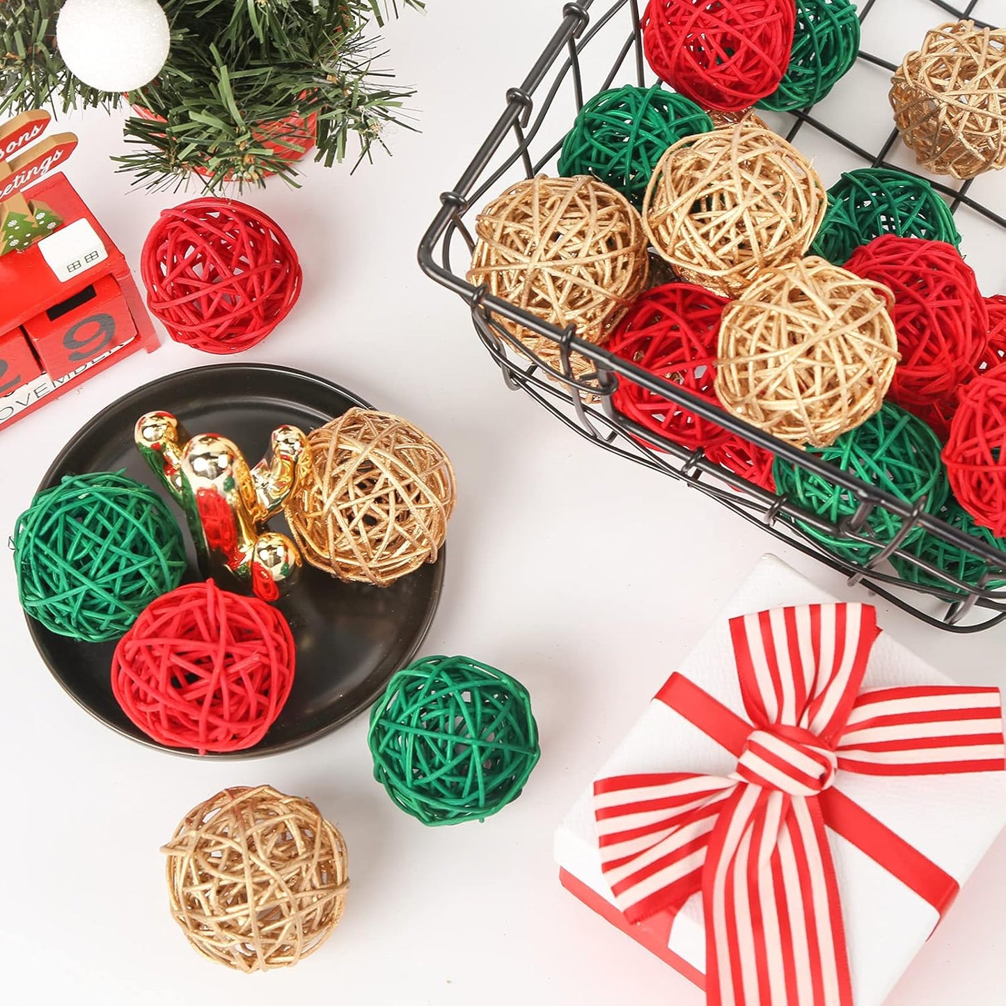 Christmas Decorative Balls for Centerpiece Bowls, Twig Orbs Spheres Vase Fillers Hanging Decorations, Red and Green Ornaments