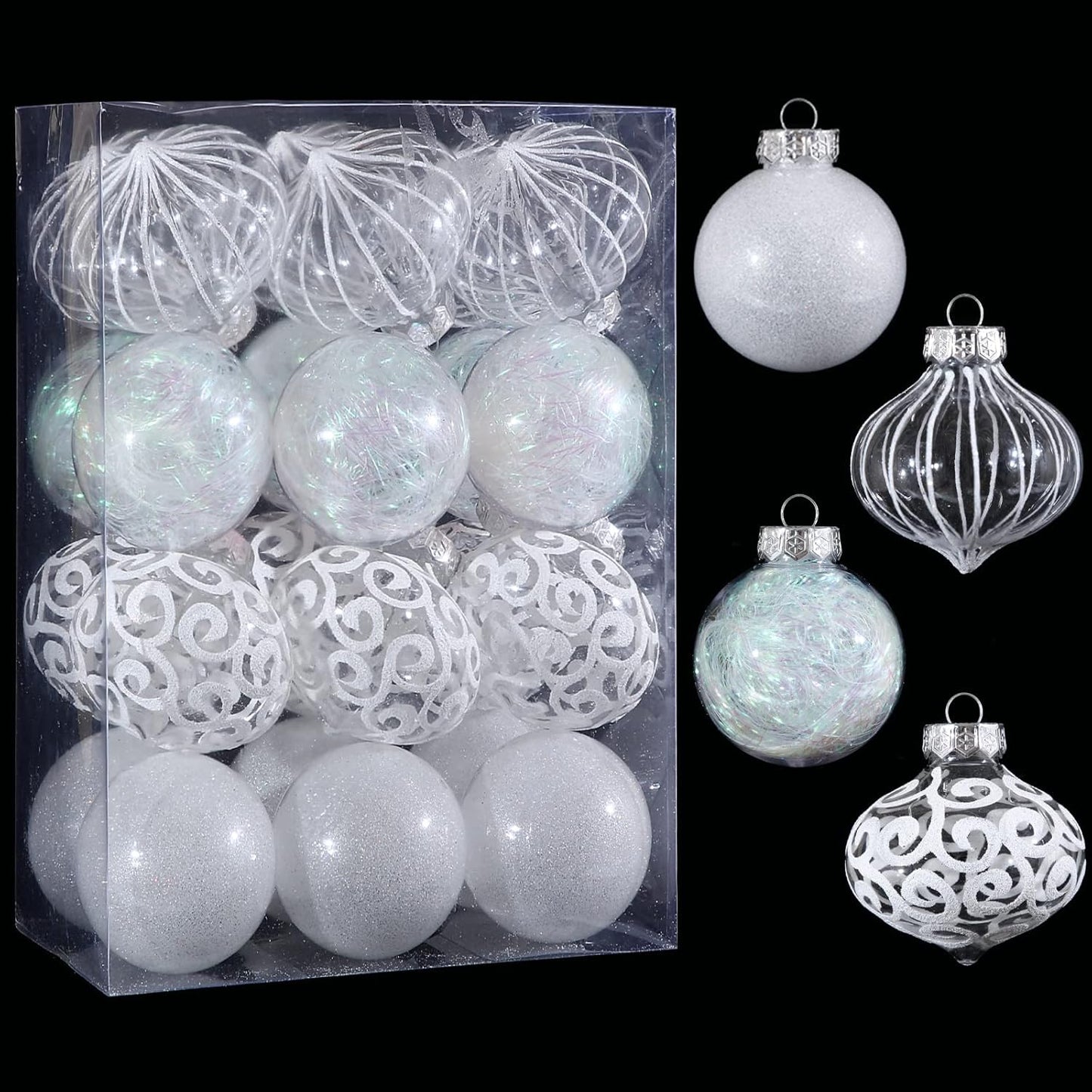 24ct Clear White Plastic Shatterproof Christmas Ornaments Set with Delicate Stuffed Decorations