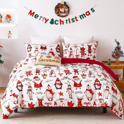 Xmas Tree Reindeer Queen Duvet Cover Set - Festive Bedroom Decor - Lightweight Comforter Cover - 3 Pieces