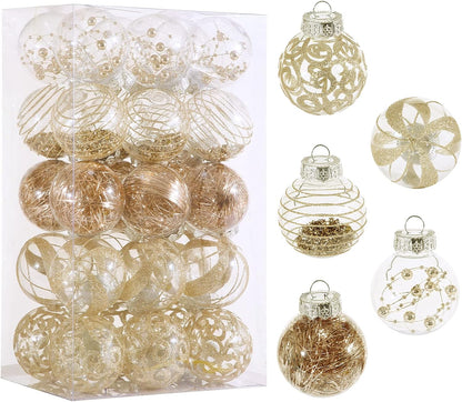 24ct Clear White Plastic Shatterproof Christmas Ornaments Set with Delicate Stuffed Decorations