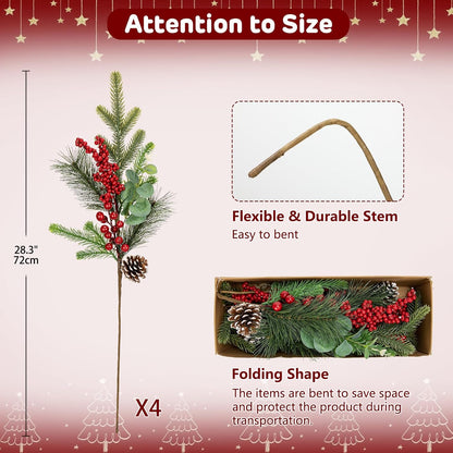 Artificial Pine Branches with Red Berries - Set of 4