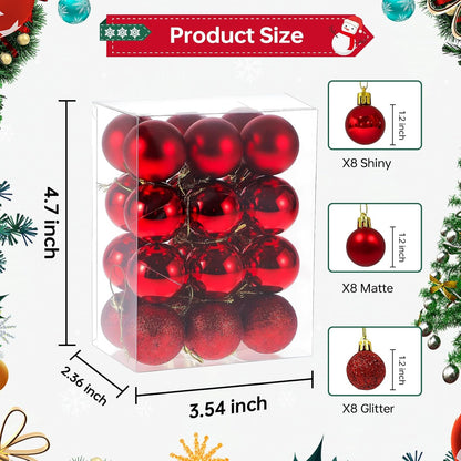 24Pcs 1.2" Red Christmas Ball Ornaments - Pre-Strung - Shatterproof - Variety of Styles - Ideal for Birthday, Christmas, Holiday, Wedding Decorations