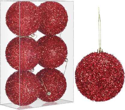 6 Pcs 4 Inch Red Christmas Ball Ornaments - Tinsel, Glitter, Sequin, Foam - Shatterproof Xmas Hanging Decorations for Home, Party, Gift