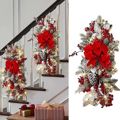 Cordless Prelit Christmas Swag Wreath Set - Red for Front Door and Stairway