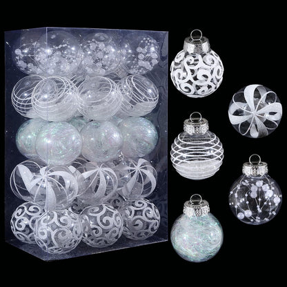 24ct Clear White Plastic Shatterproof Christmas Ornaments Set with Delicate Stuffed Decorations