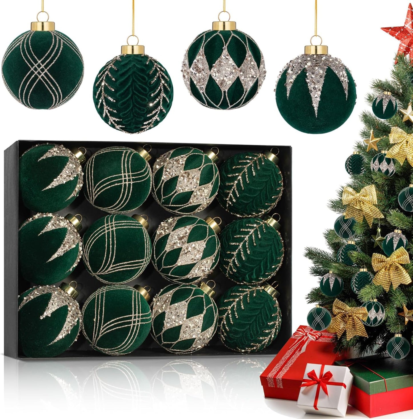 Flocked Red Christmas Ball Ornaments - 12-Pack, 80mm/3.15 in