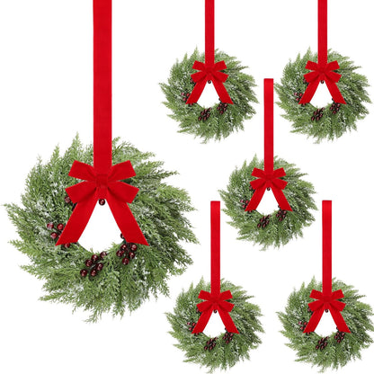 Christmas Wreath Decorations with Red Ribbon - Farmhouse Decor for Front Door, Window, Chair, Wall - Set of 6