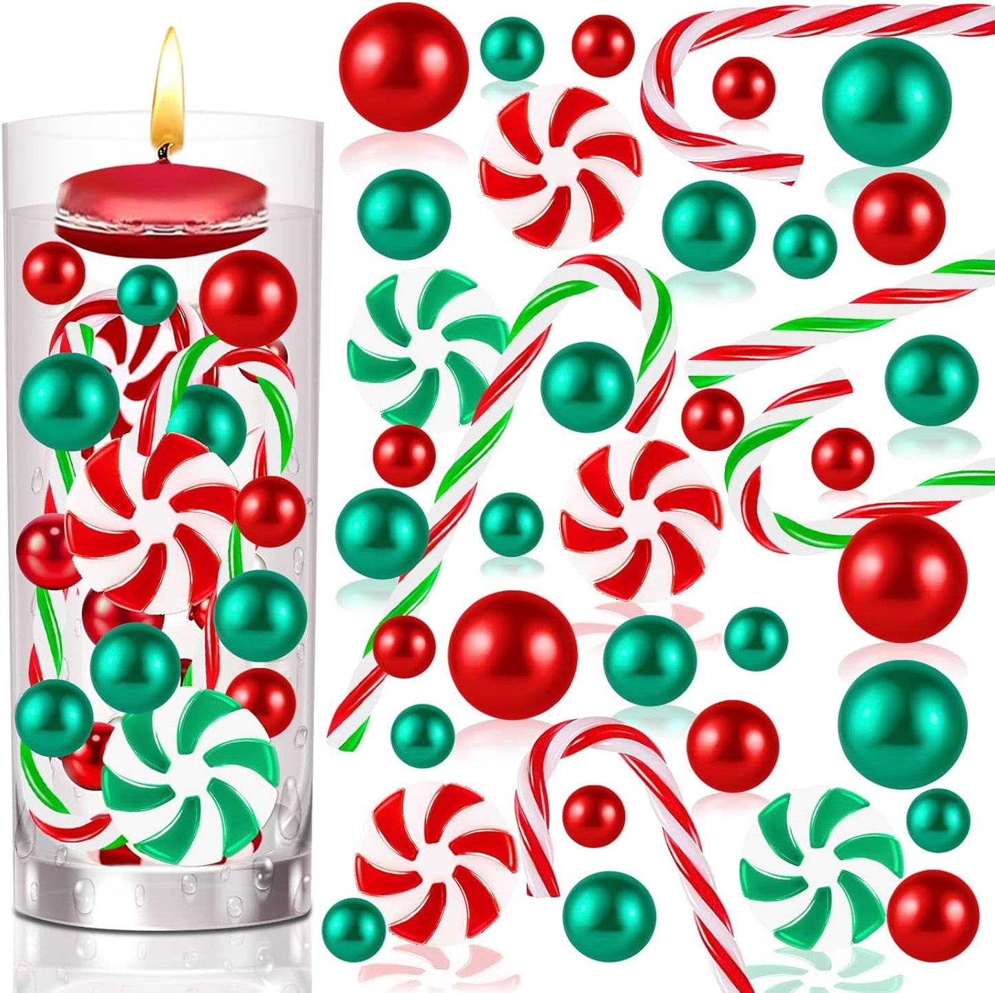 Christmas Vase Filler - Green and Red Candy Cane Beads and Floating Pearls for Home Decor and Table Centerpieces