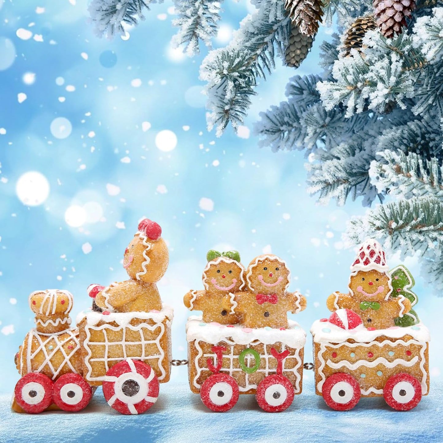 Gingerbread Man Train Figurines - Festive Indoor Decor for Table Centerpiece and Fireplace