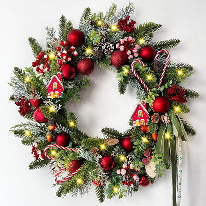 Christmas Wreath with Candy Canes, Ornaments, Pine Cones, Berries & Bow - Indoor/Outdoor Wall Decor