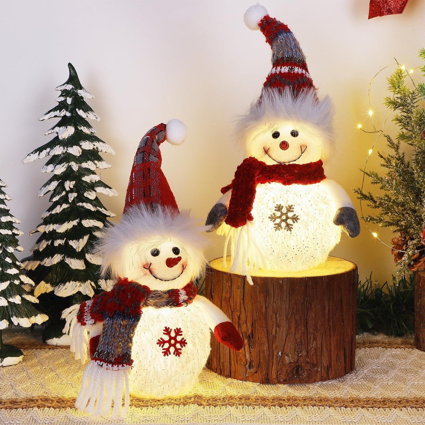 Lighted Plush Snowmen Figurines - Set of 2 - Christmas Table Decorations